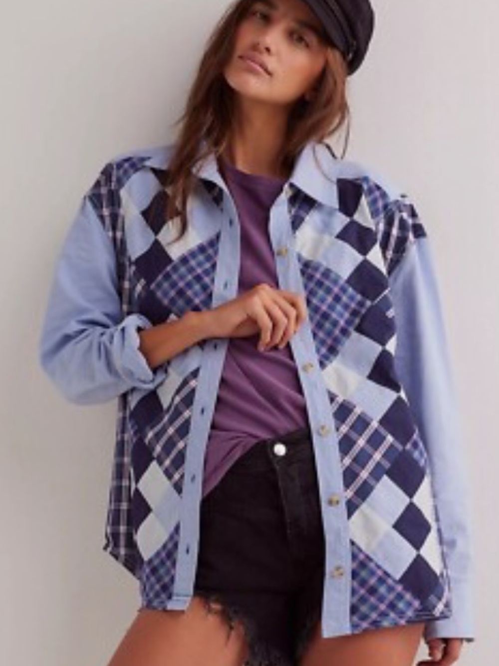 Free People We The Free Blue Combo Argyle Plaid Shirt Mixed Print Size M